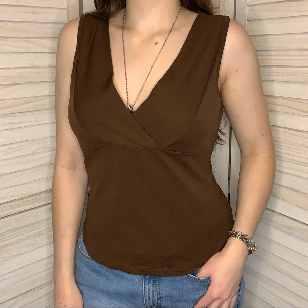 Hot Tempered Vintage Y2K Chocolate Brown Deep V Neckline Fitted Tank Top